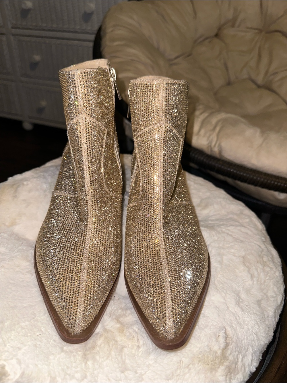Gold Crystal Embellished Pointed Toe Ankle Boots - Women